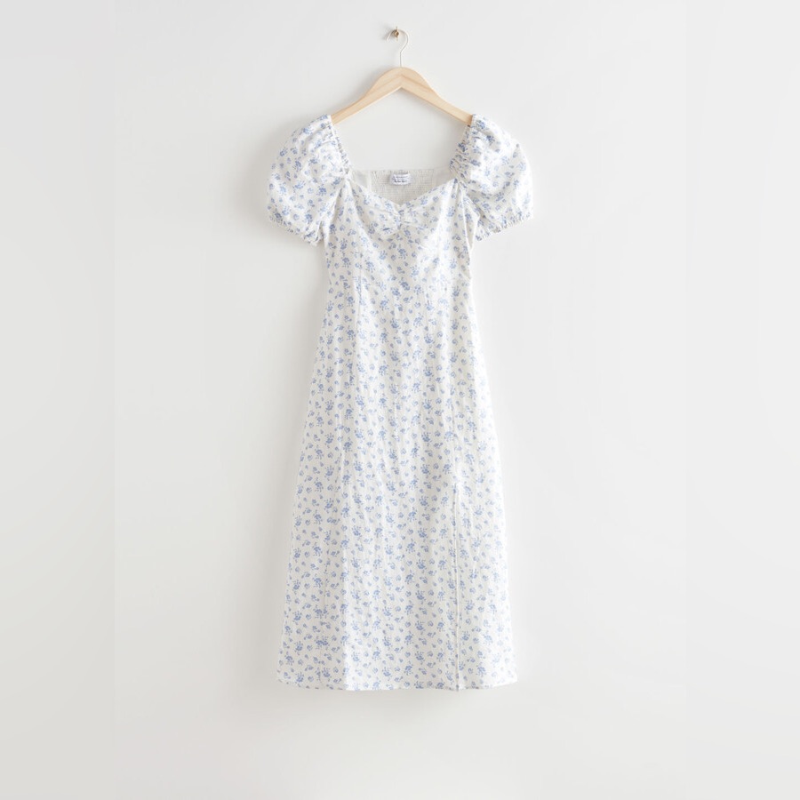 & Other Stories Puff Sleeve Floral Linen Midi Dress Size 2